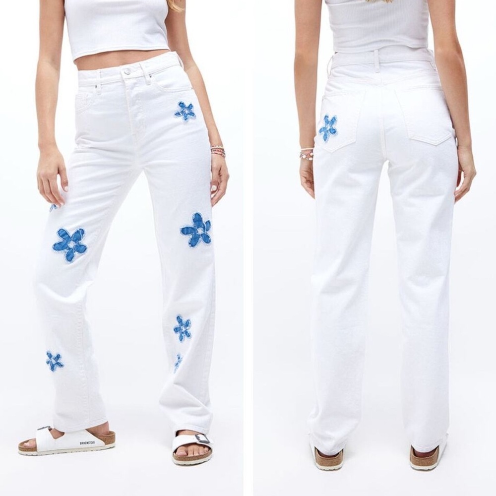 PACSUN White Denim Flower Patch Dad Jeans Women's Sz 26 High Rise Straight Leg